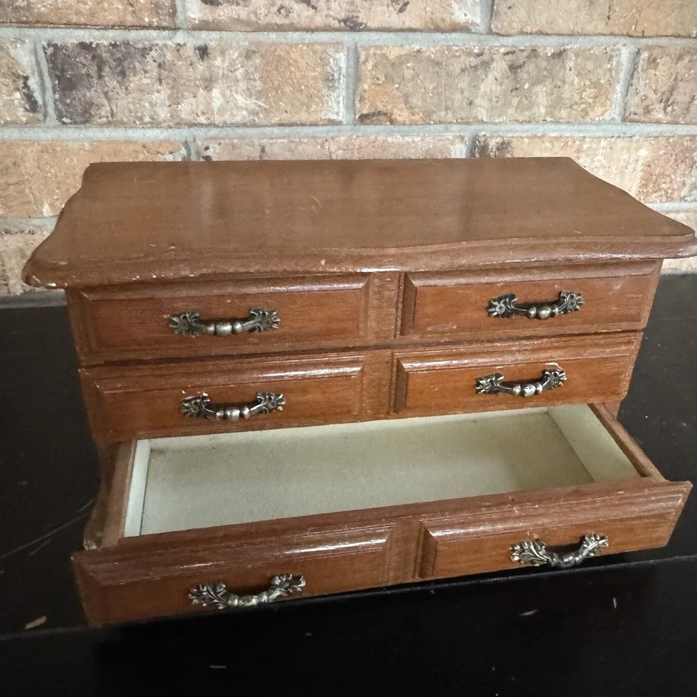 Vintage Wooden Lined Jewelry Box / Chest Drawers Cottagecore Mid Century Style